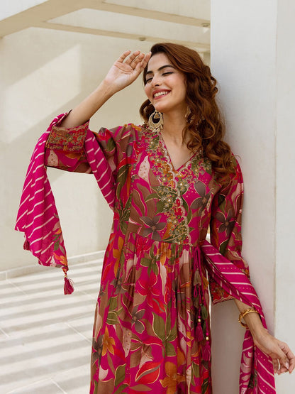 Dhiyona IS Women's Floral Printed Pure Cotton Thread work Anarkali Kurta With Palazzos And Dupatta