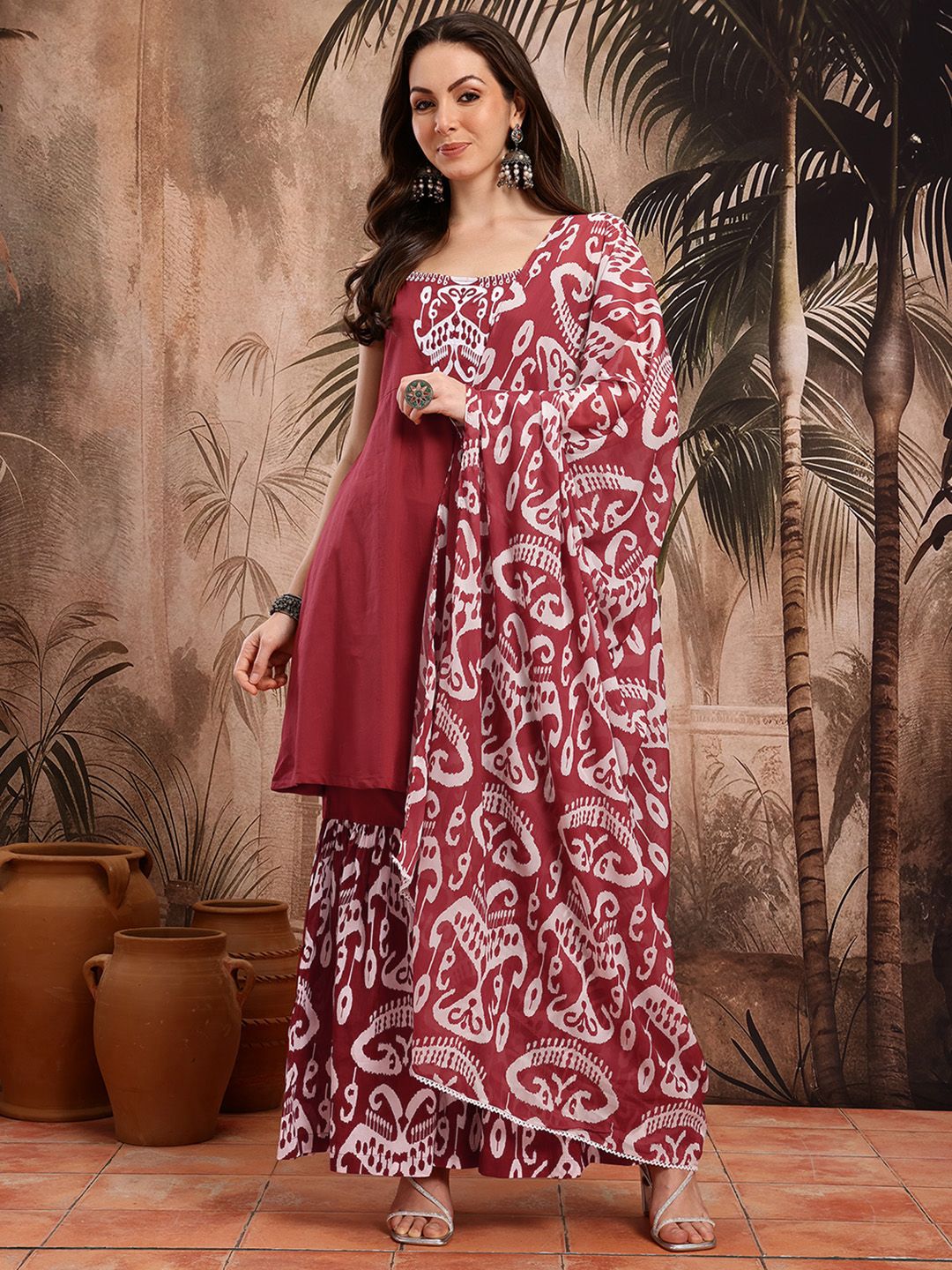 Dhiyona SN Women's Ethnic Motifs Print Strappy Pure Cotton Kurta with Sharara & Dupatta