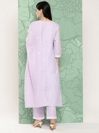 Dhiyona VA Women's Floral Embroidered Pleated Thread Work Cotton Kurta with Trousers & Dupatta