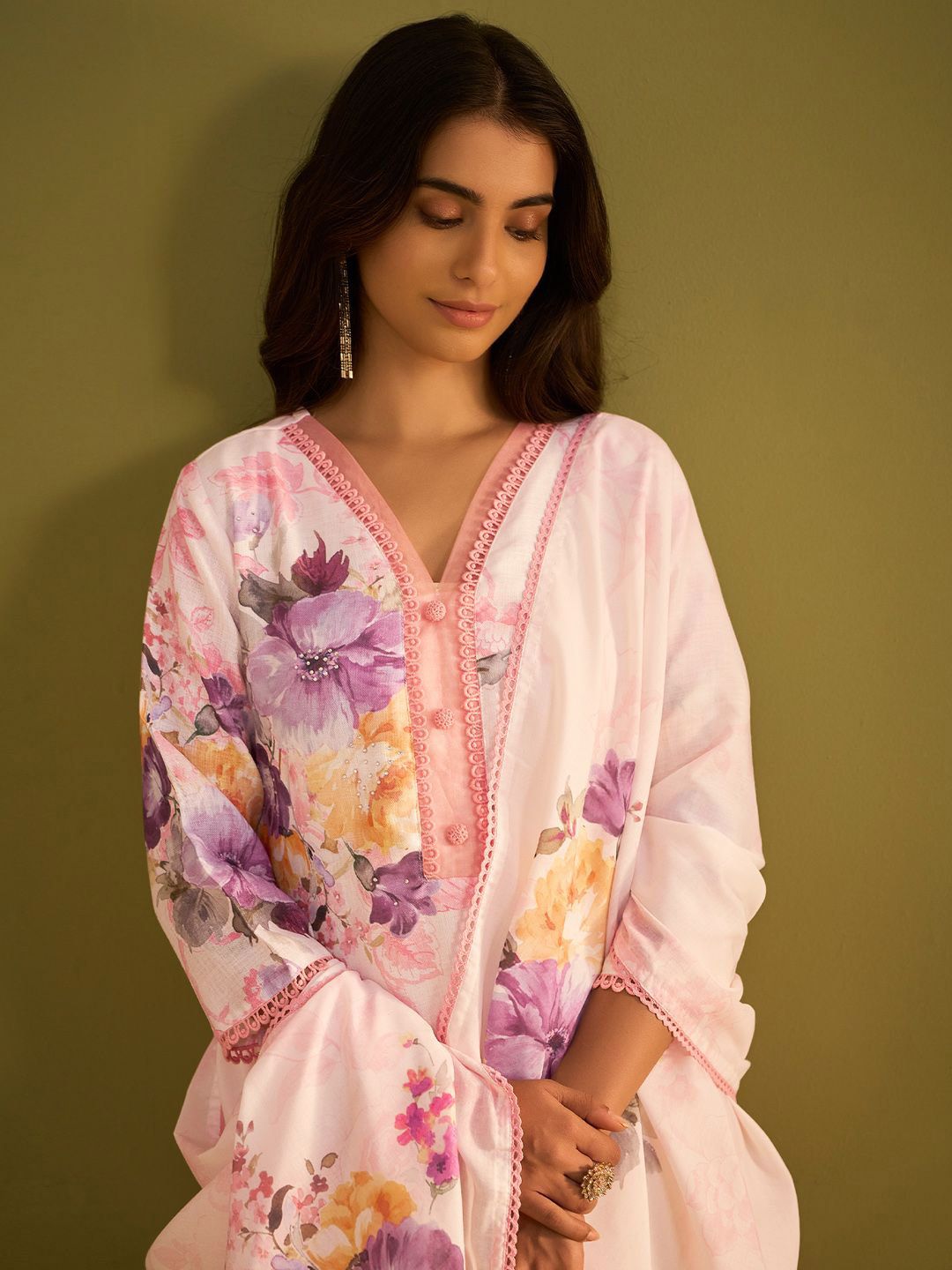 Floral Printed V Neck Linen Kurta With Trousers & Dupatta