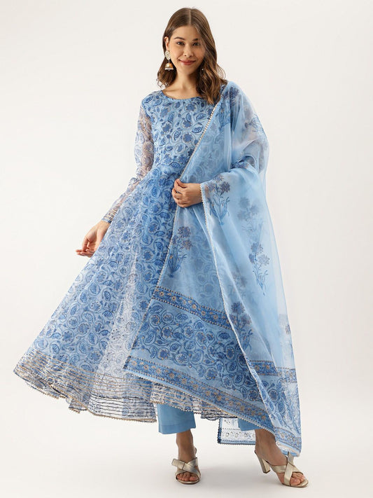 Dhiyona KL Floral Printed Gotta Patti Detail Anarkali Kurta & Trousers With Dupatta