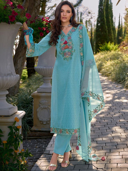 Women Floral Embroidered Regular Thread Work Pure Cotton Kurta with Trousers & With Dupatta