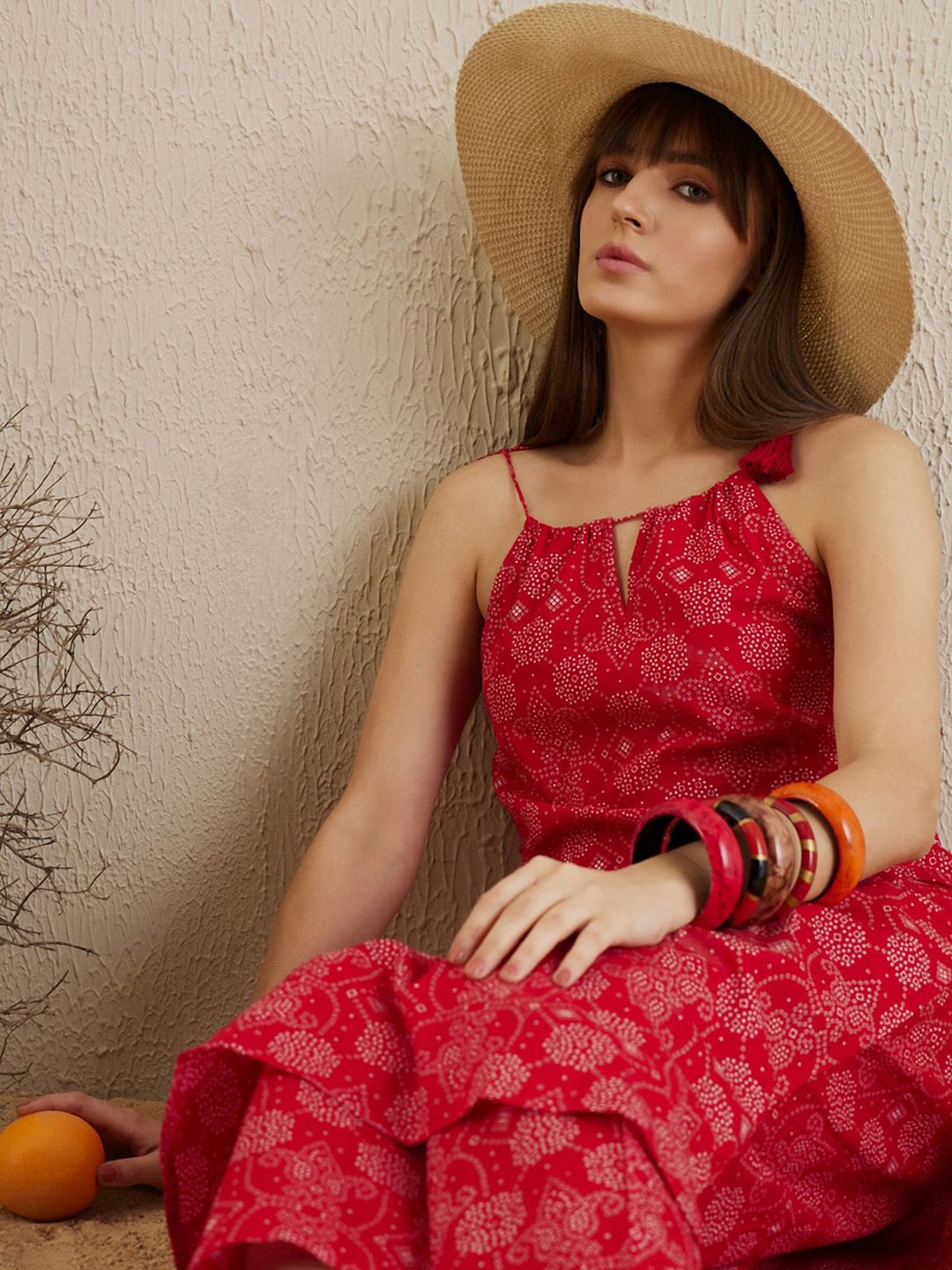 Dhiyona IE Bandhani Printed Shoulder Straps Pure Cotton Kurta with Trousers