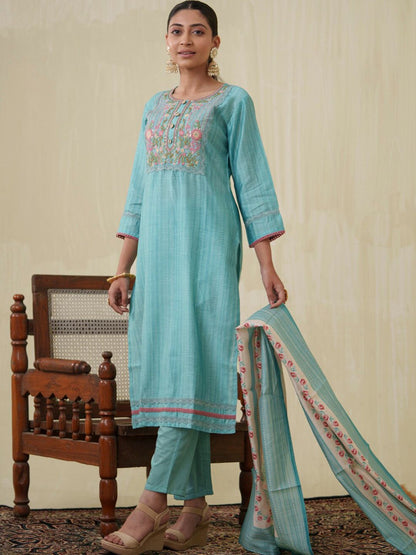 Dhiyona PD Women Yoke Design Straight Kurta With Trouser & Dupatta