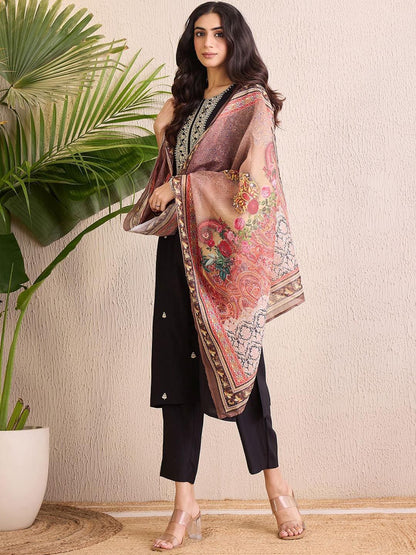 Dhiyona IE Women Ethnic Motifs Embroidered Regular Liva Kurta with Trousers & With Dupatta