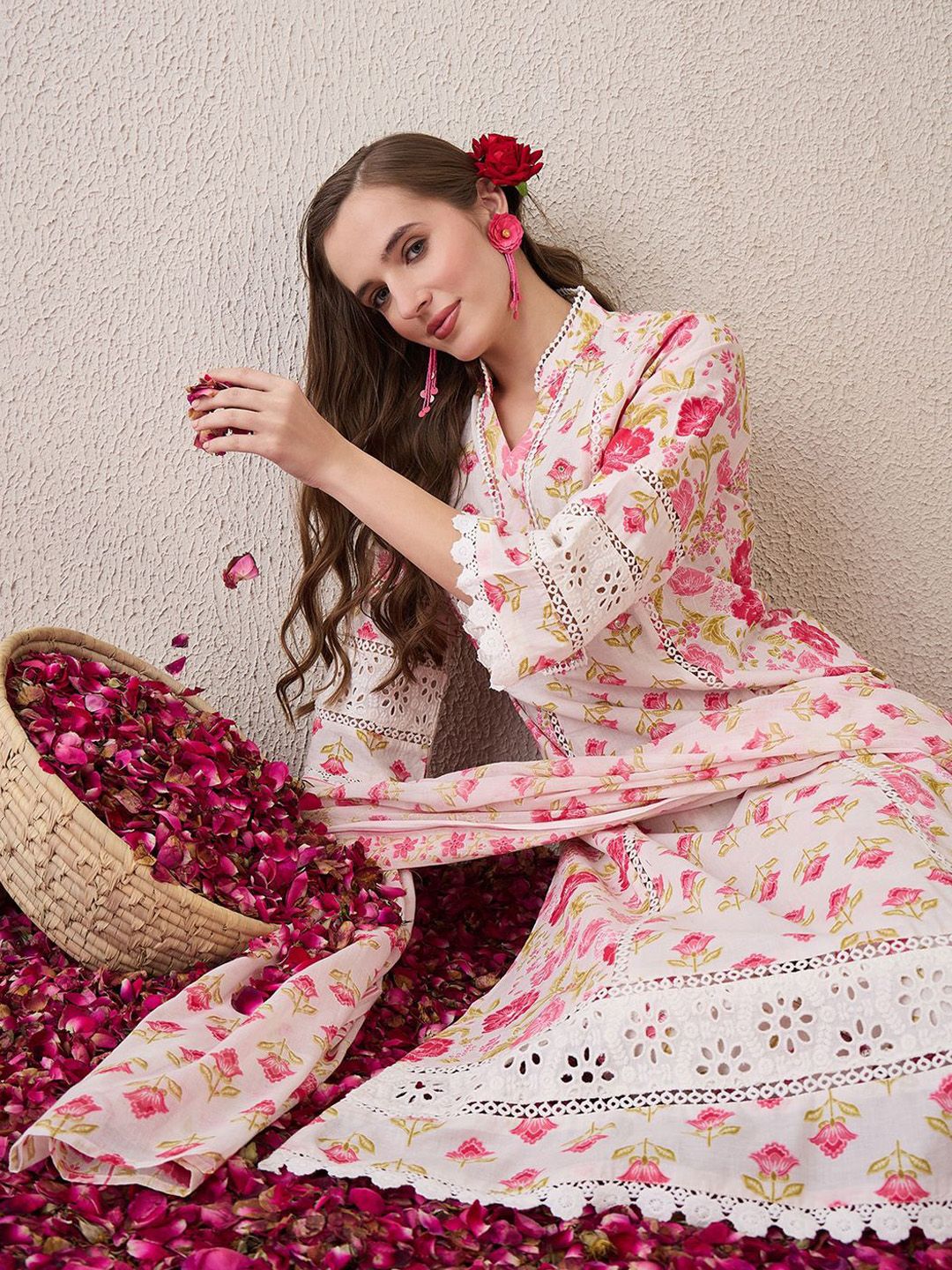 Dhiyona IE Floral Embroidered Mandarin Collar Pure Cotton Kurta With Trousers & Dupatta