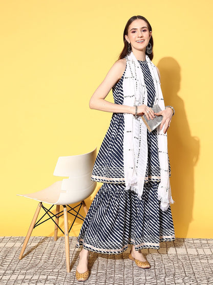 Dhiyona VA Women's Leheriya Printed Mirror Work Kurta with Sharara & With Dupatta