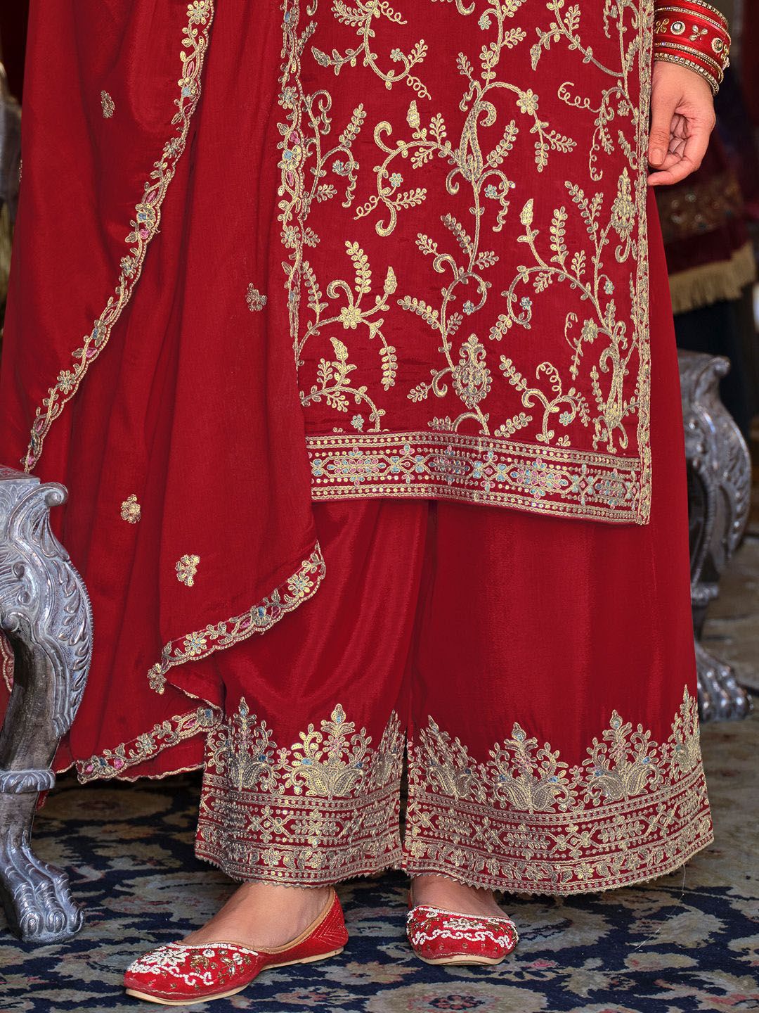 Ethnic Motifs Embroidered Sequinned Kurta with Palazzos & Dupatta