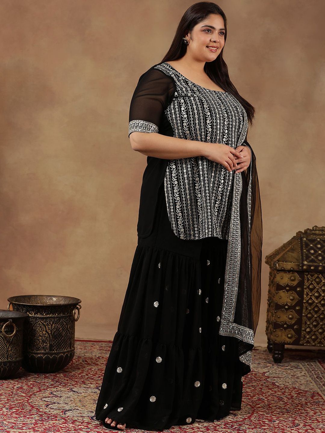 Dhiyona IN Size Floral Embroidered Thread Work Straight Kurta With Sharara & Dupatta