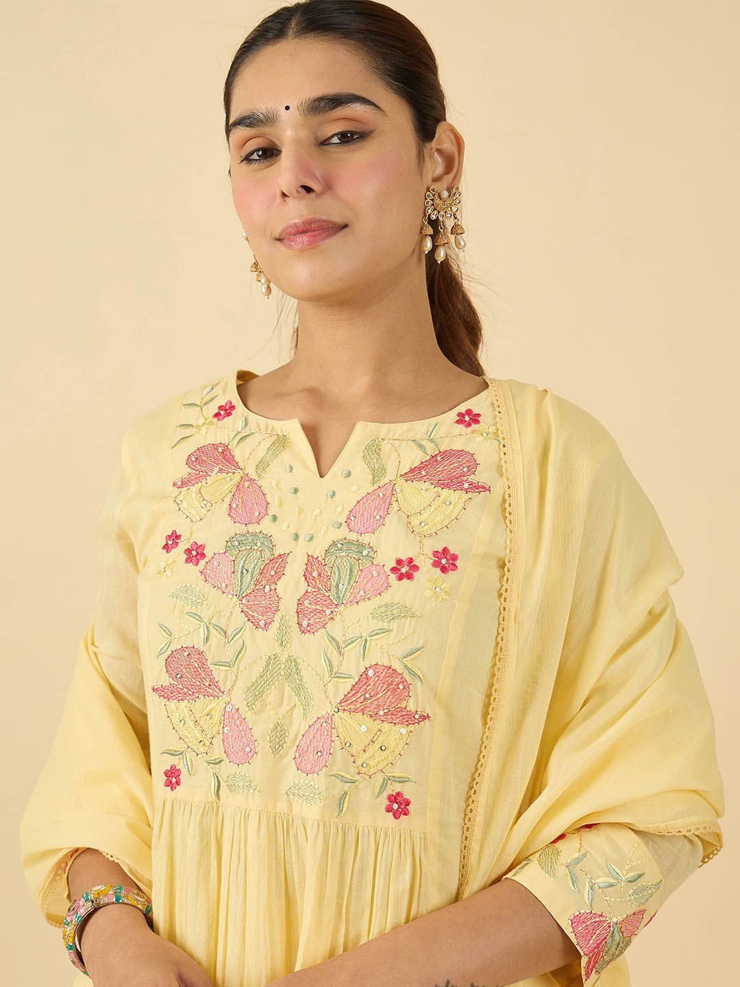 Women Floral Embroidered Cotton Kurta with Trousers & Dupatta