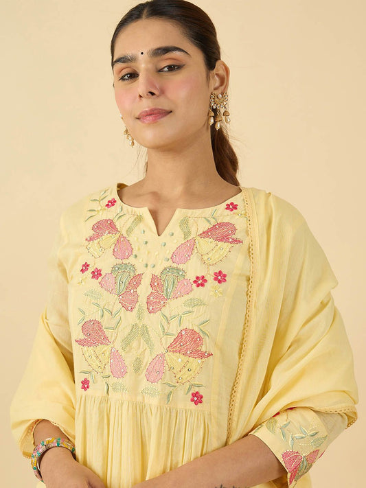 Women Floral Embroidered Cotton Kurta with Trousers & Dupatta