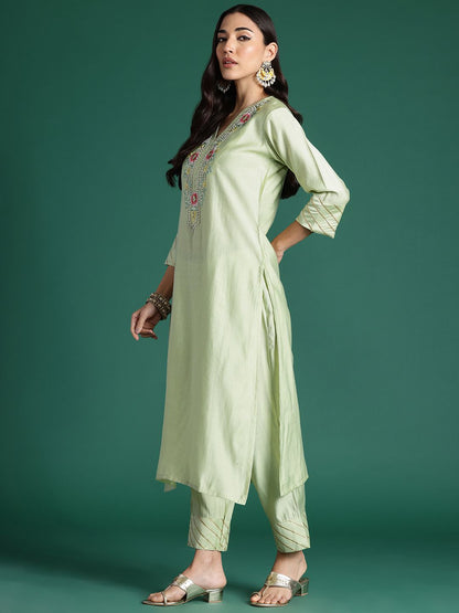 Dhiyona IE Floral Embroidered Thread Work Kurta With Trousers & Dupatta