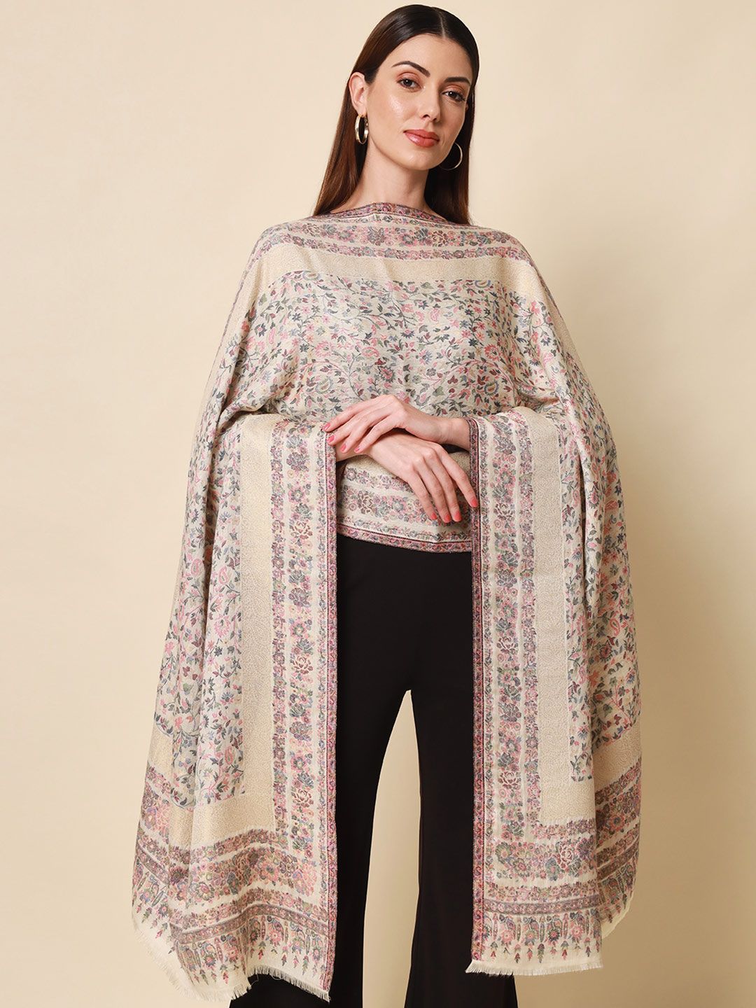 Dhiyona PA Women White Woven Design Kaani Woolen Shawl