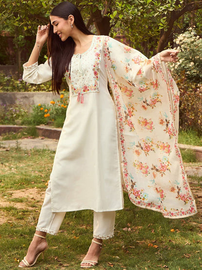Dhiyona IE White Floral Yoke Design Tie-Up Neck Straight Kurta With Trousers & Dupatta