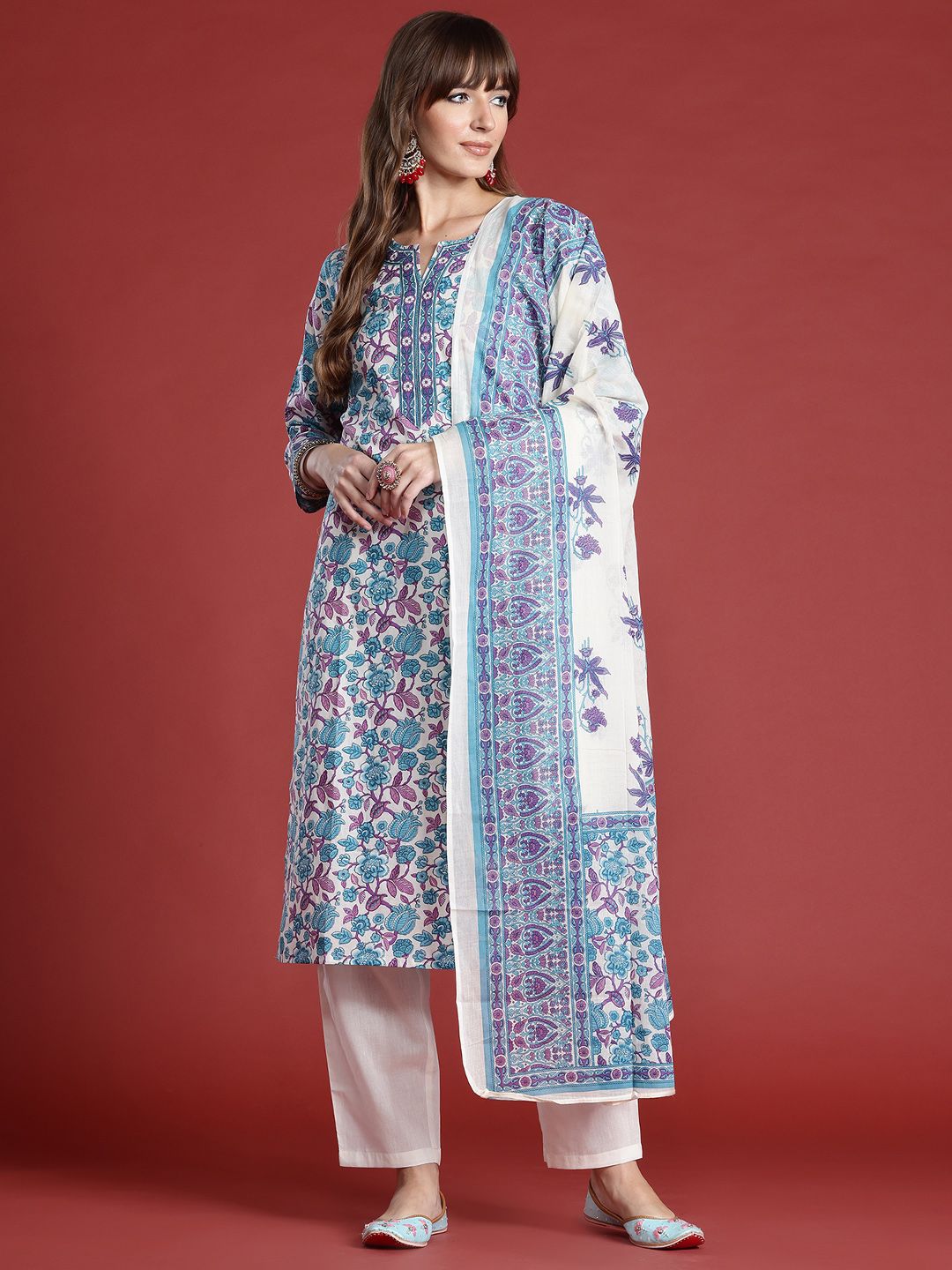 Dhiyona IE Floral Printed Pure Cotton Kurta with Trousers & With Dupatta