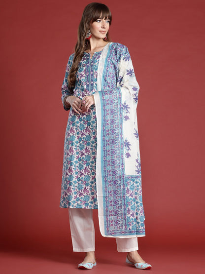 Dhiyona IE Floral Printed Pure Cotton Kurta with Trousers & With Dupatta