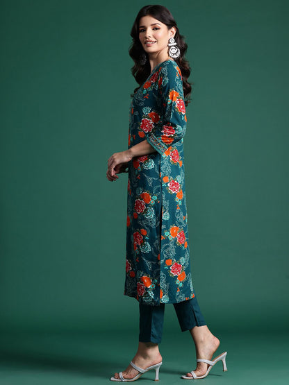 Dhiyona IE Floral Printed Mirror Work Kurta with Trousers & With Dupatta
