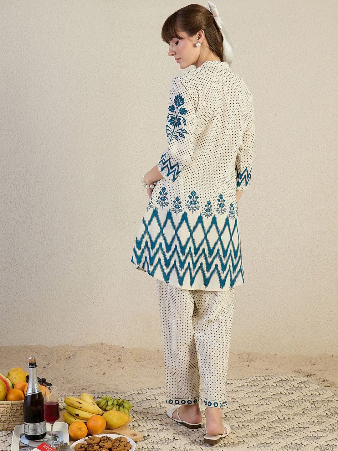 Dhiyona IE Printed Mandarin Collar A-Line Top with Trousers Co-Ords