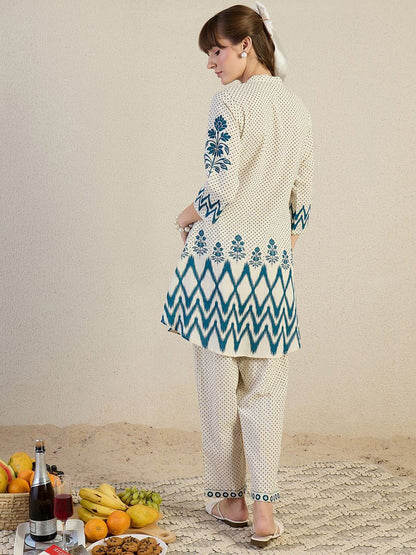 Dhiyona IE Printed Mandarin Collar A-Line Top with Trousers Co-Ords