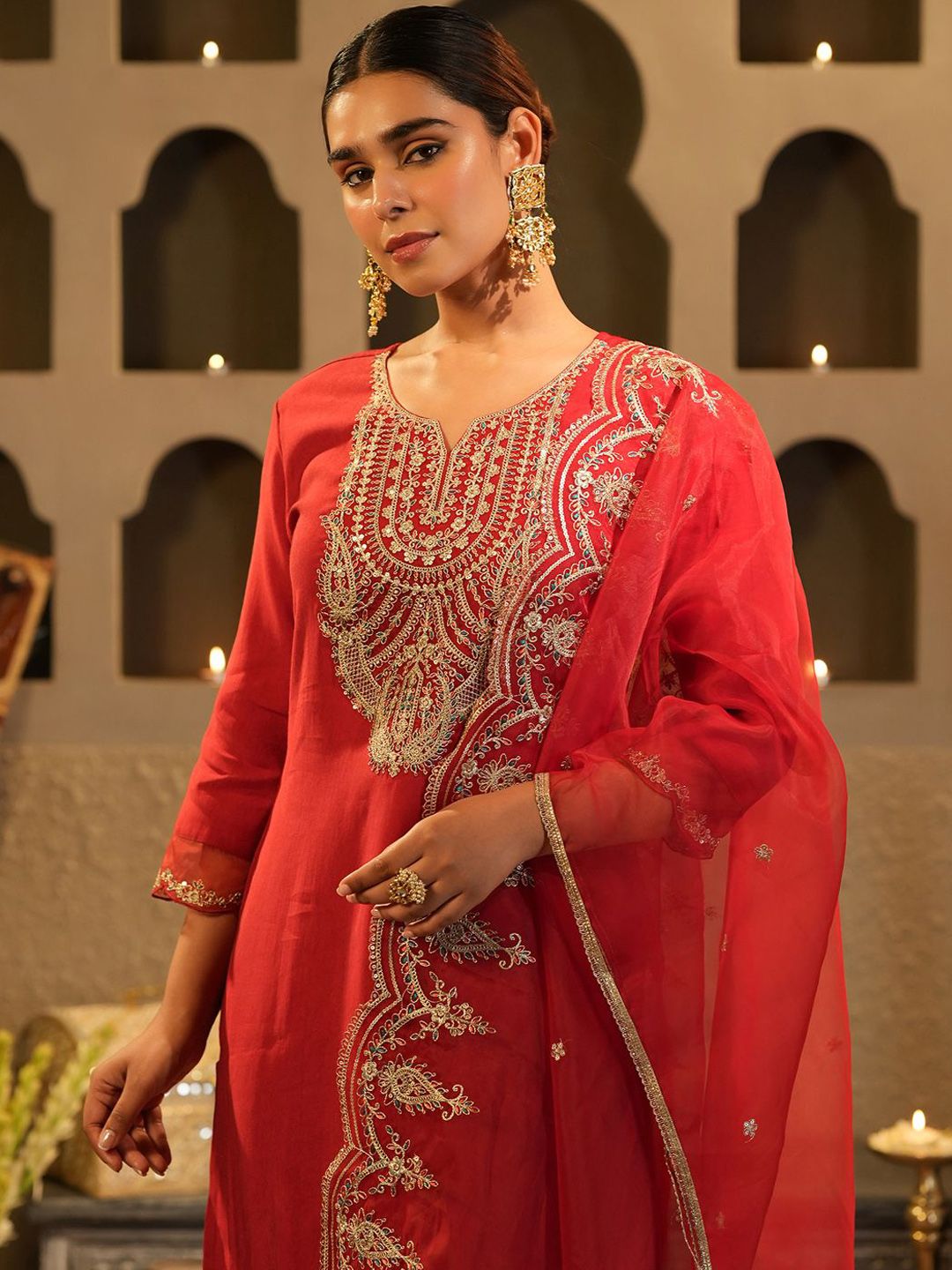 Dhiyona IE Women's Women Ethnic Motifs Embroidered Regular Liva Kurta with Trousers & With Dupatta