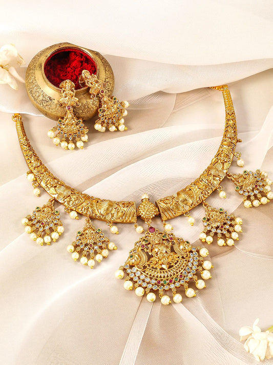 Dhiyona RJ Women's 22KT Gold-Plated Kundan Studded & Pearls Beaded Lakshmi God Jewellery Set