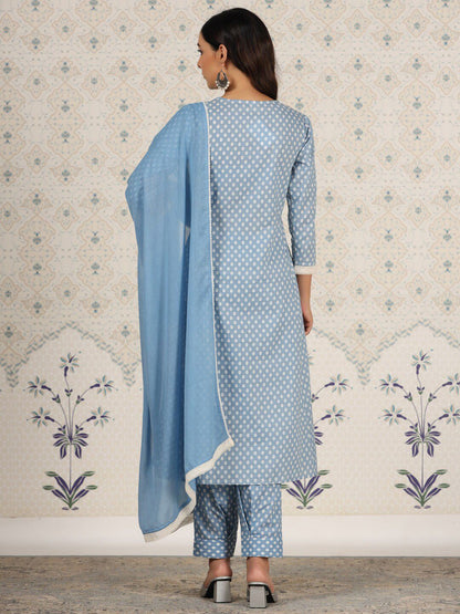 Dhiyona OD  Floral Printed Pure Cotton A-Line Kurta & Trousers With Dupatta