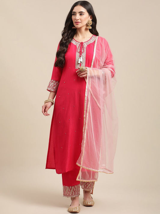 Dhiyona VA Women's Pink Ethnic Motifs Straight Kurta with Trousers & Dupatta