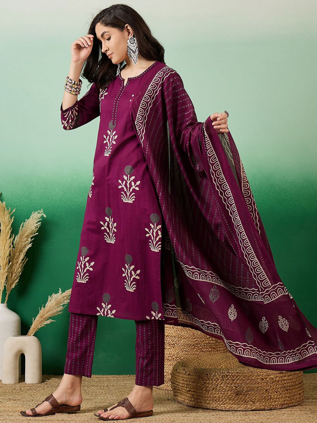 Dhiyona SN Women's Printed Pure Cotton Straight Kurta With Trousers & Dupatta