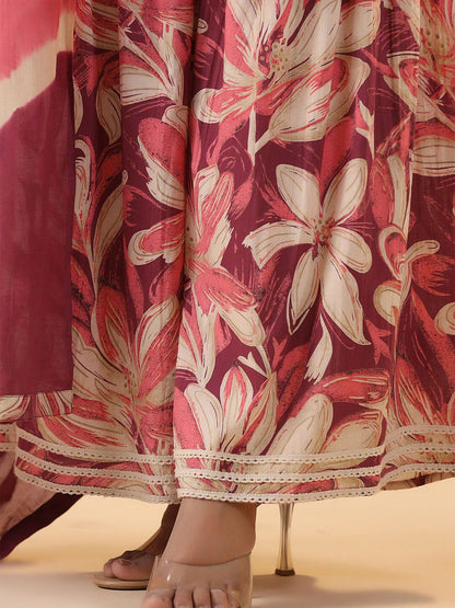 Dhiyona IS Women's Floral Printed Cotton Angrakha A-line Kurta with Sharara and Mulmul Dupatta