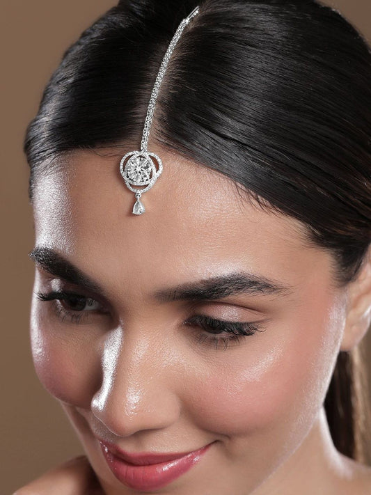 Dhiyona RJ Women's Rhodium-Plated White Cubic Zirconia Studded Statement Maang Tikka