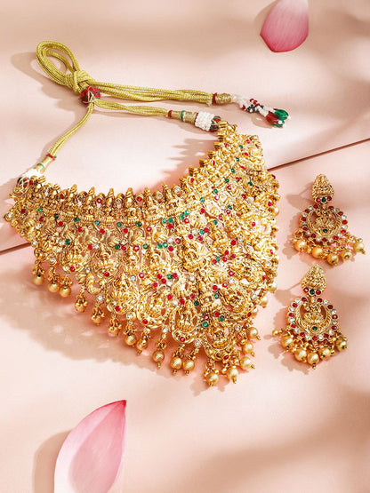 Dhiyona RJ Women's 22K Gold Plated Red, Green & White Stone Studded Lakshmi Motif Temple Jewellery Set
