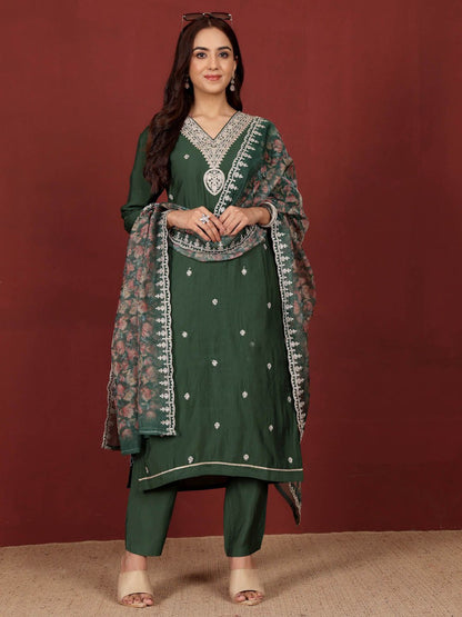 Dhiyona VA Women'sEthnic Motifs Embroidered Notch Neck Zari Straight Kurta With Trousers & Dupatta