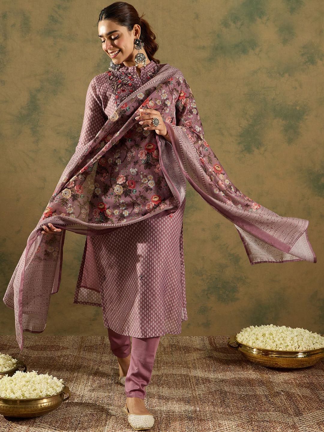 Floral Printed Thread Work Chanderi Silk Straight Kurta with Trouser & Dupatta