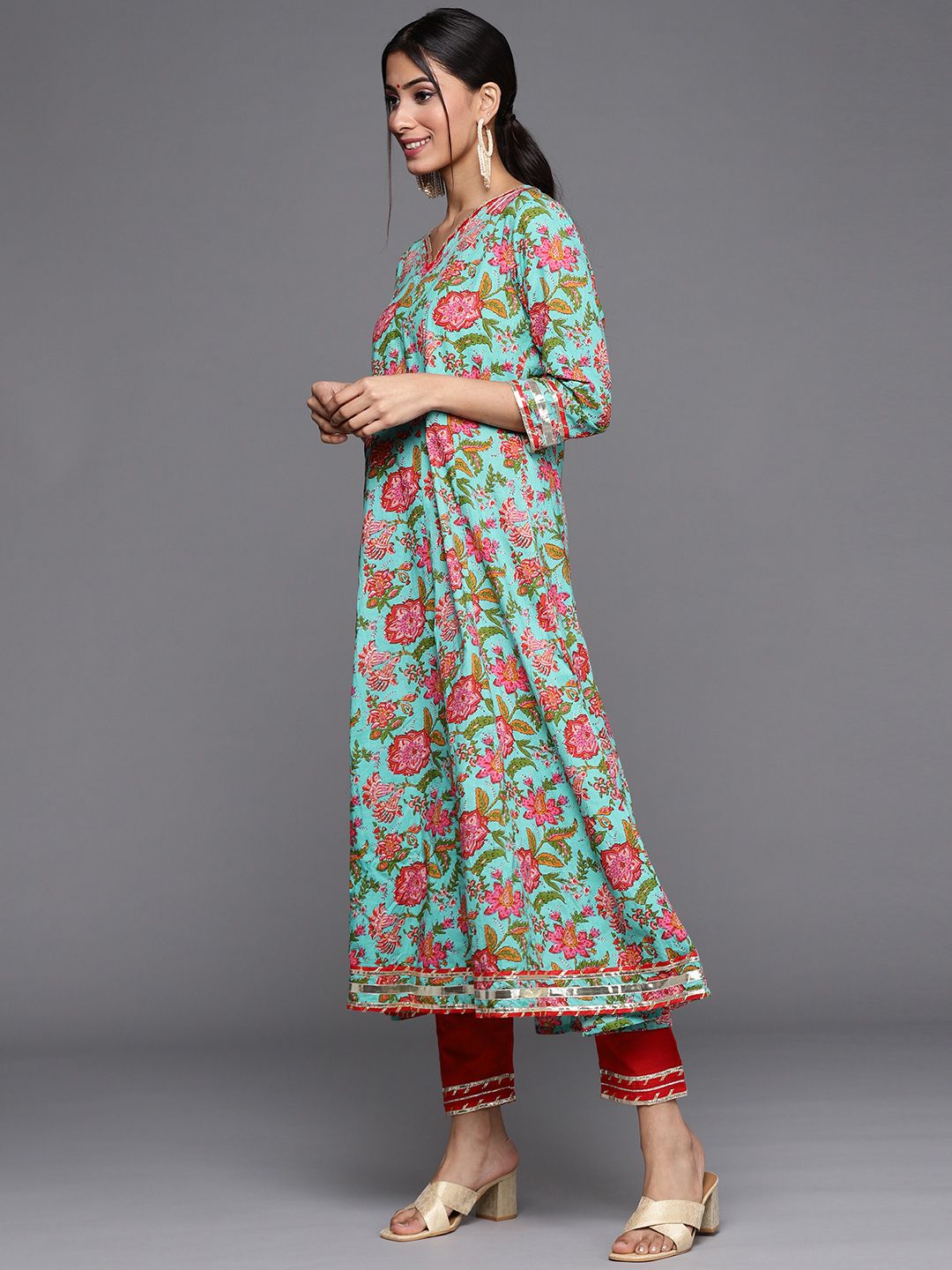 Dhiyona VA Women's Blue & Pink Kalamkari Printed Anarkali Kurta with Trousers & Dupatta