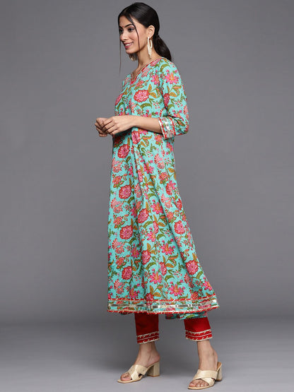 Dhiyona VA Women's Blue & Pink Kalamkari Printed Anarkali Kurta with Trousers & Dupatta