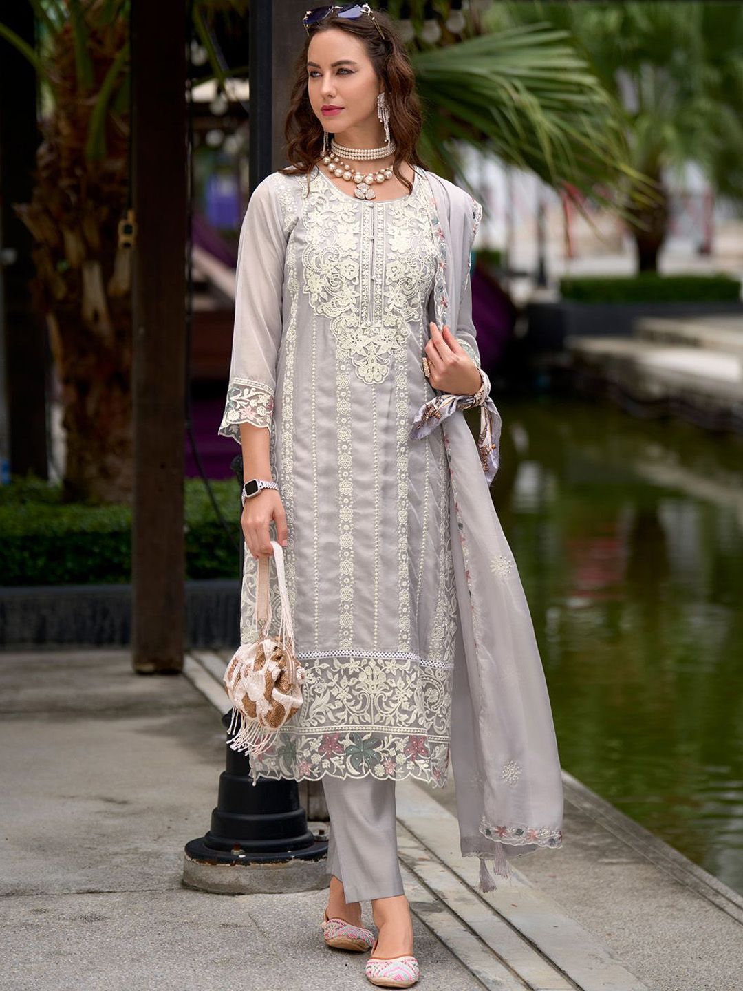 Floral Embroidered Sequinned Straight Kurta with Trouser & Dupatta