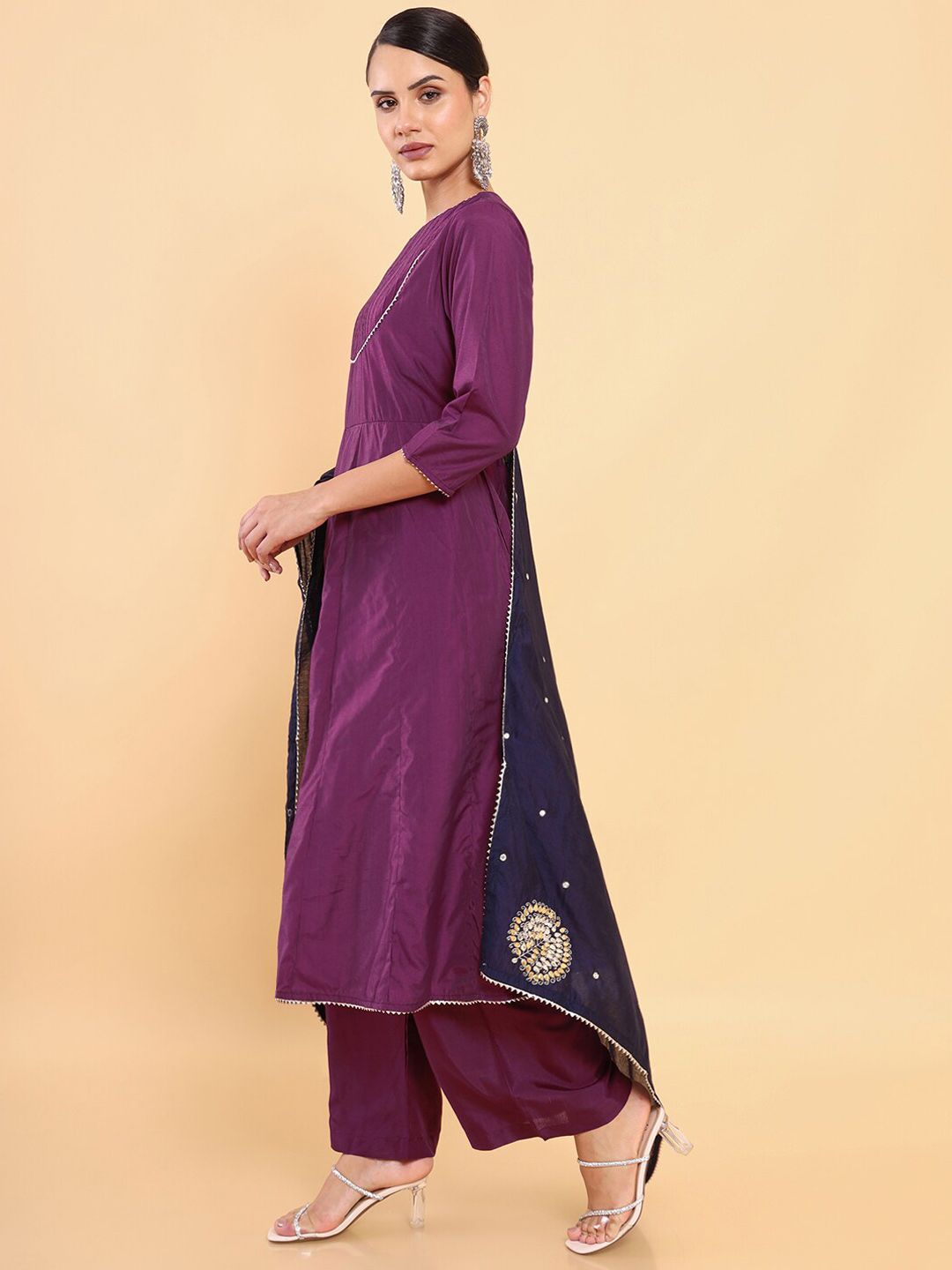 Dhiyona SO Women's Women Purple Chanderi Silk Kurta with Palazzos & With Dupatta