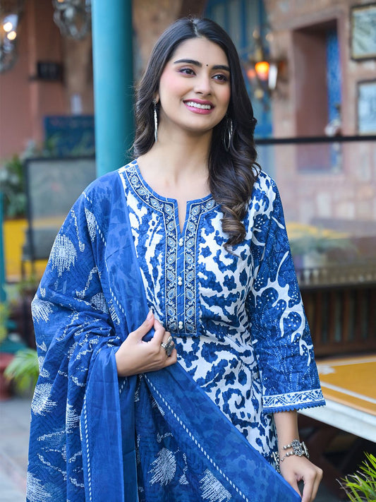 Dhiyona VA Women'sFloral Printed Notch Neck Straight Kurta With Trousers & Dupatta