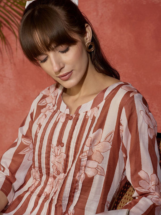 Dhiyona IE Floral Printed Mandarin Collar Pure Cotton Straight Kurta With Trousers