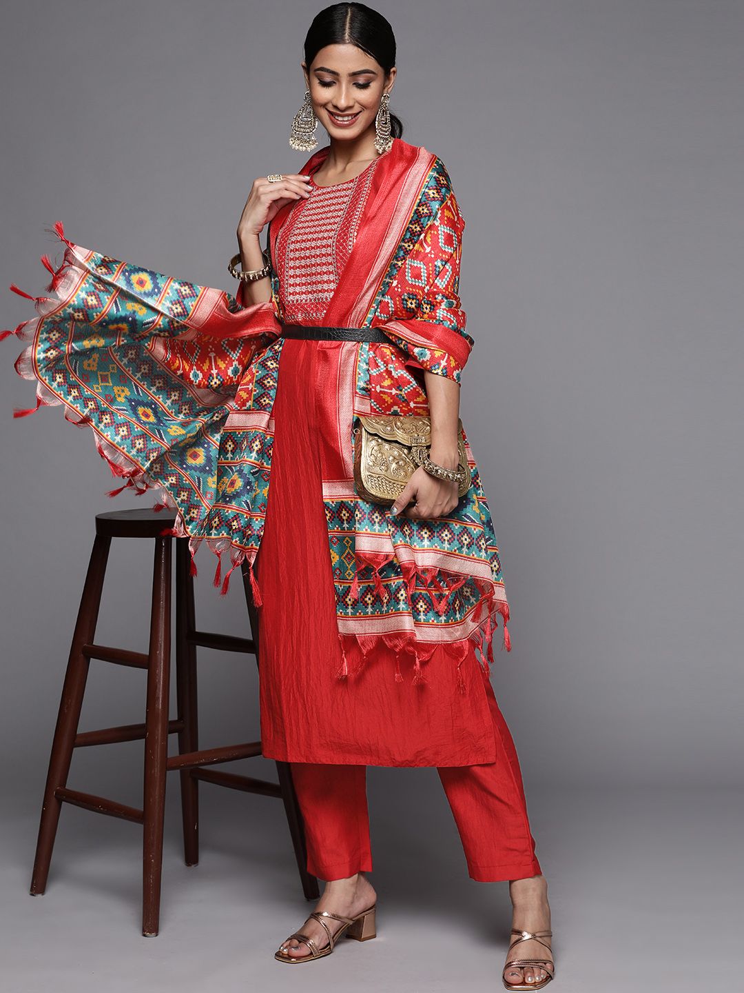 Dhiyona VA Women's Rust Embroidered Empire Kurta with Trousers & With Dupatta