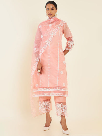Dhiyona SO Women's Pink & White Floral Embroidered Chanderi Silk Kurta With Trousers & Dupatta