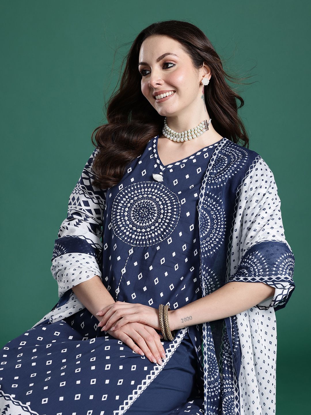 Printed Mirror Work Pure Cotton Kurta with Trousers & With Dupatta