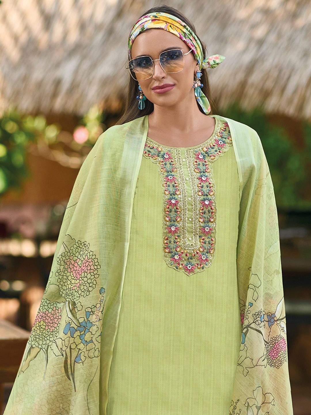 Floral Embroidered Pure Cotton Straight Kurta With Trousers & Dupatta