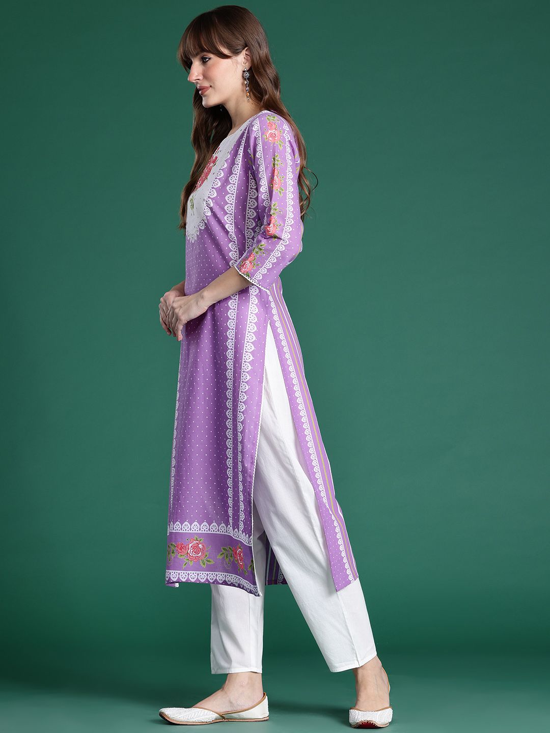 Dhiyona IE Floral Printed Regular Pure Cotton Kurta with Trousers & Dupatta