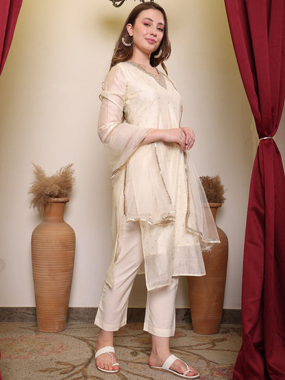 Dhiyona PD Women Floral Woven Design V-Neck Straight Kurta With Trouser & Dupatta