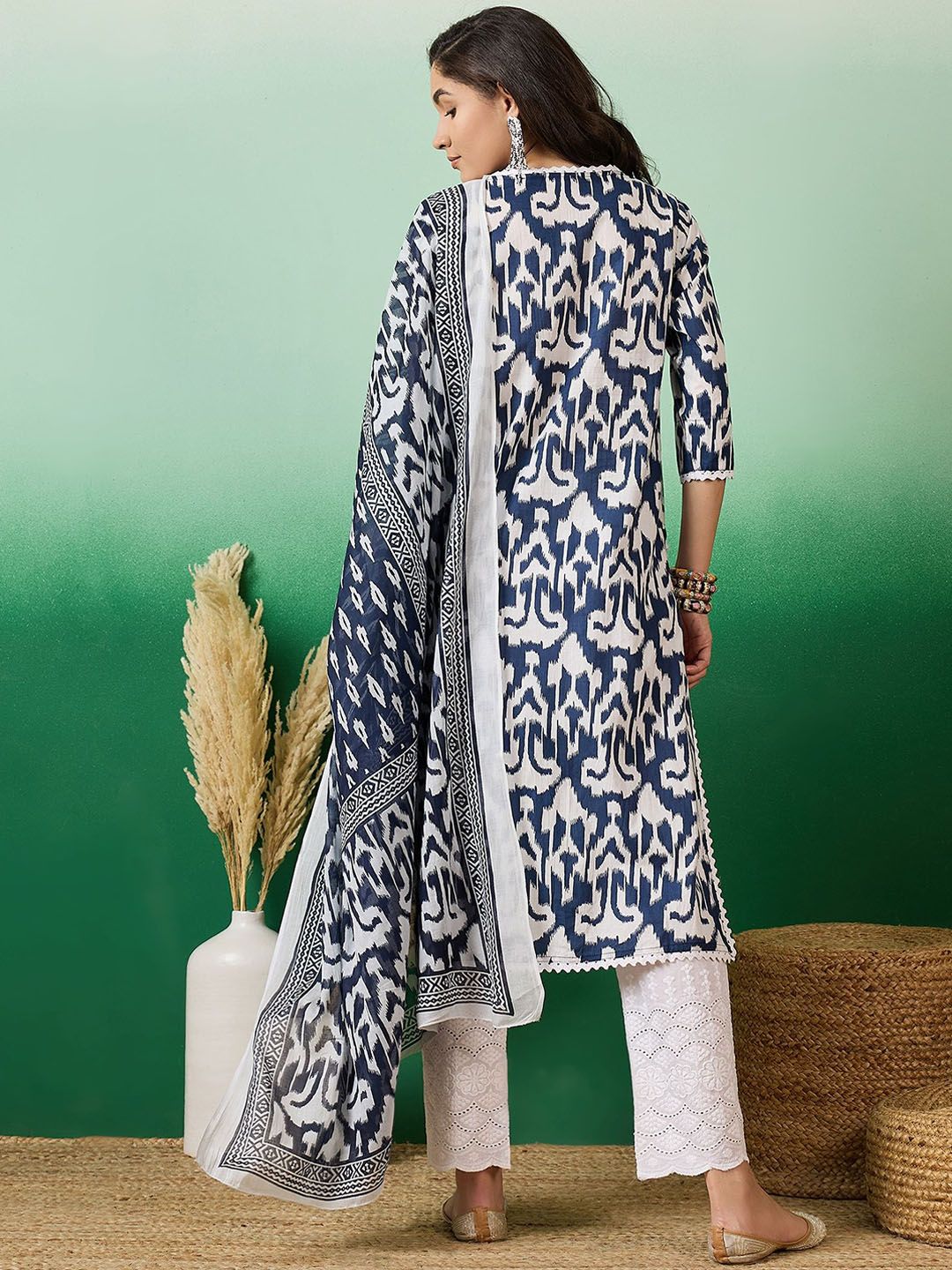 Dhiyona SN Women's Printed Pure Cotton Straight Kurta With Trousers & Dupatta