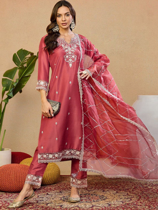 Dhiyona PD Women Women Embroidered Straight Kurta With Trousers & Dupatta