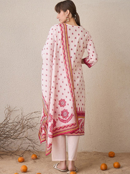 Dhiyona IE Floral Printed V-Neck Pure Cotton Straight Kurta With Trousers & Dupatta