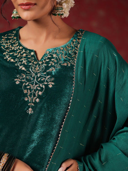 Dhiyona IS Women's Ethnic Motifs Embroidered Velvet Straight Kurta & Trousers With Dupatta