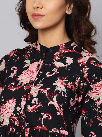 Dhiyona AY Women's Black Printed Fit and Flare Dress